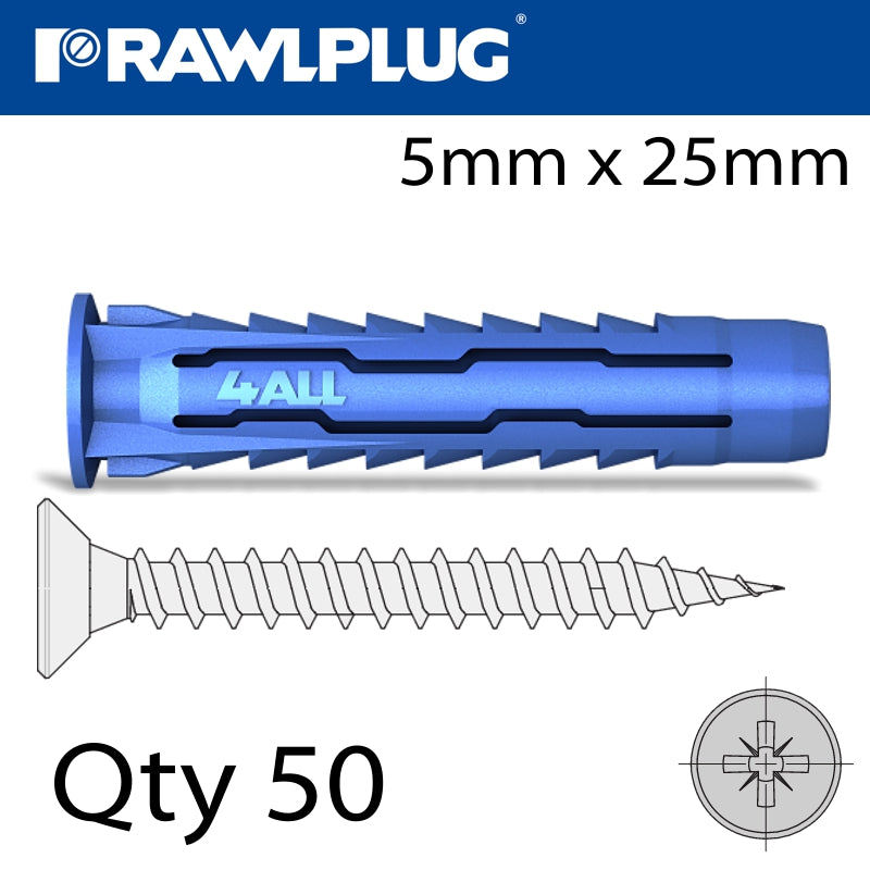rawlplug-universal-nylon-plug+screws-5mmx25mm-x50-box-raw-4all-05+3530-1