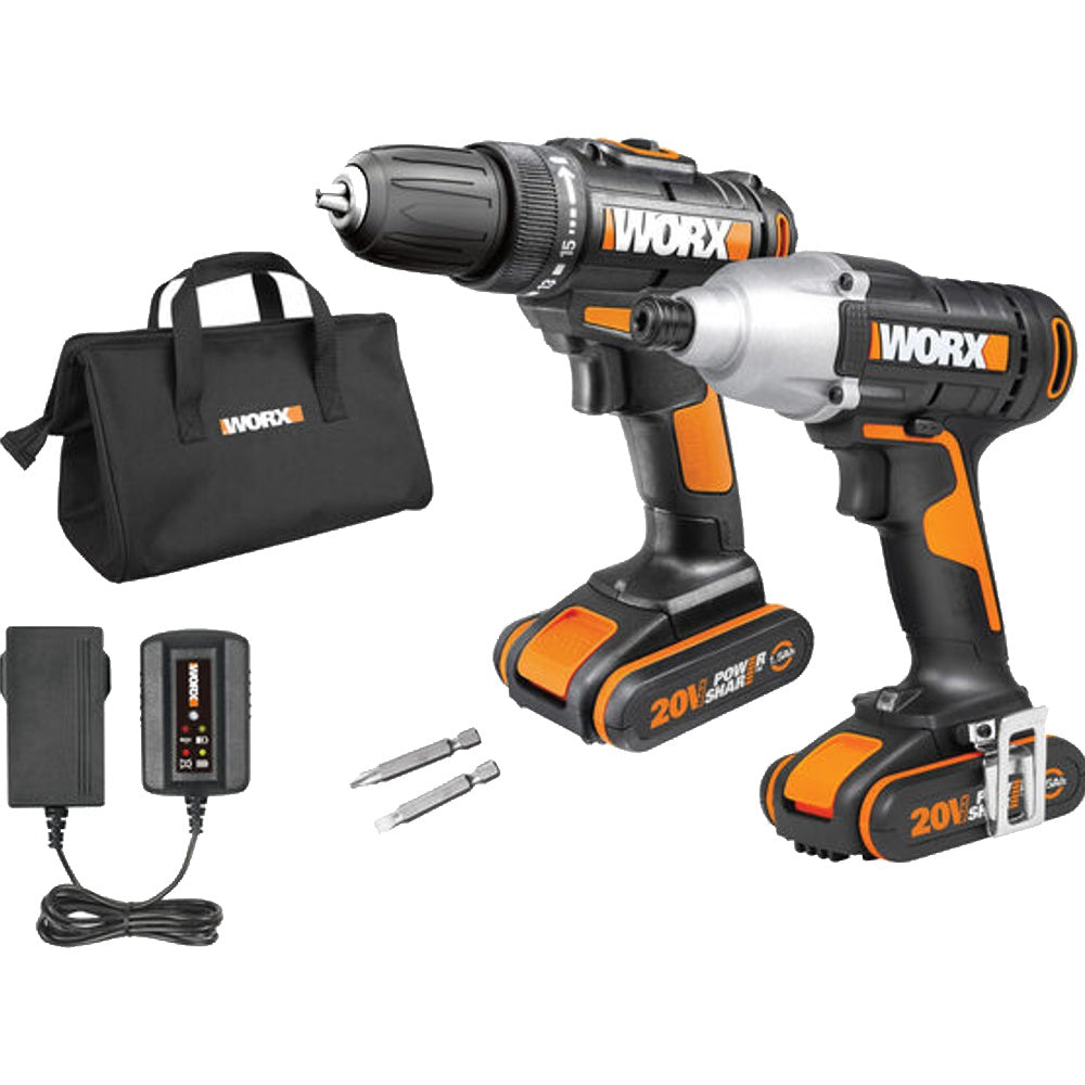 WORX DRILL DRIVER COMBO 20V WX101.9 WX291.9 2 X 2.0AH STD CHARG WIT WR