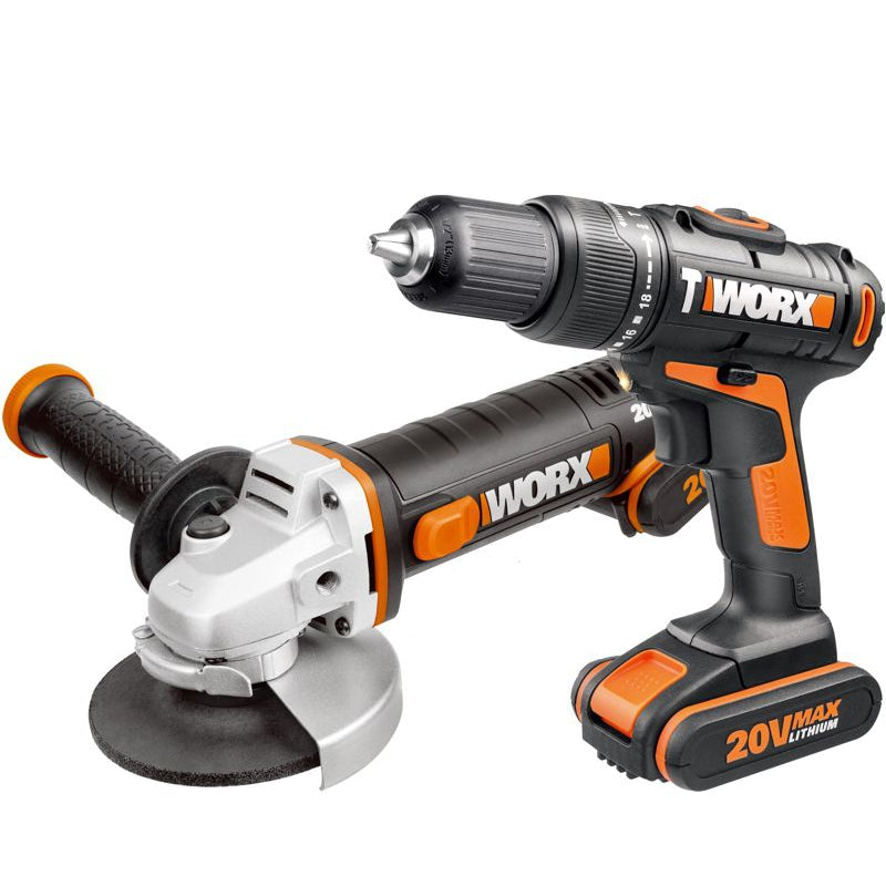 WORX IMPACT DRILL ANGLE GRINDER 115MM 20V 2 X 2.0AH STD CHARGER WITH