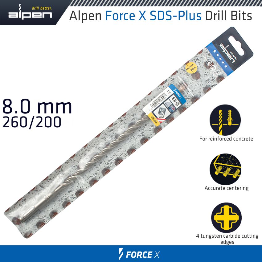 alpen-force-x-8.0-x-260/200-sds-plus-drill-bit-x4-cutting-edges-alp835008-1