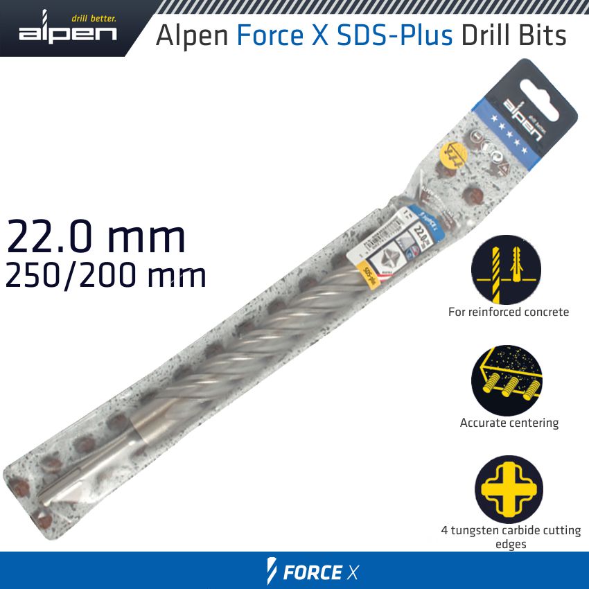 alpen-force-x-22.0-x-250/200--sds-plus-drill-bit-x4-cutting-edges-alp835022-1