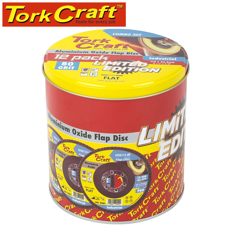 tork-craft-flap-disc-alu.-oxide-115mm-80-grit-flat-12pc-metal-tin-combo-302-3
