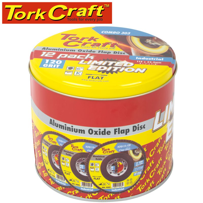 tork-craft-flap-disc-alu.-oxide-115mm-120-grit-flat-12pc-metal-tin-combo-303-3