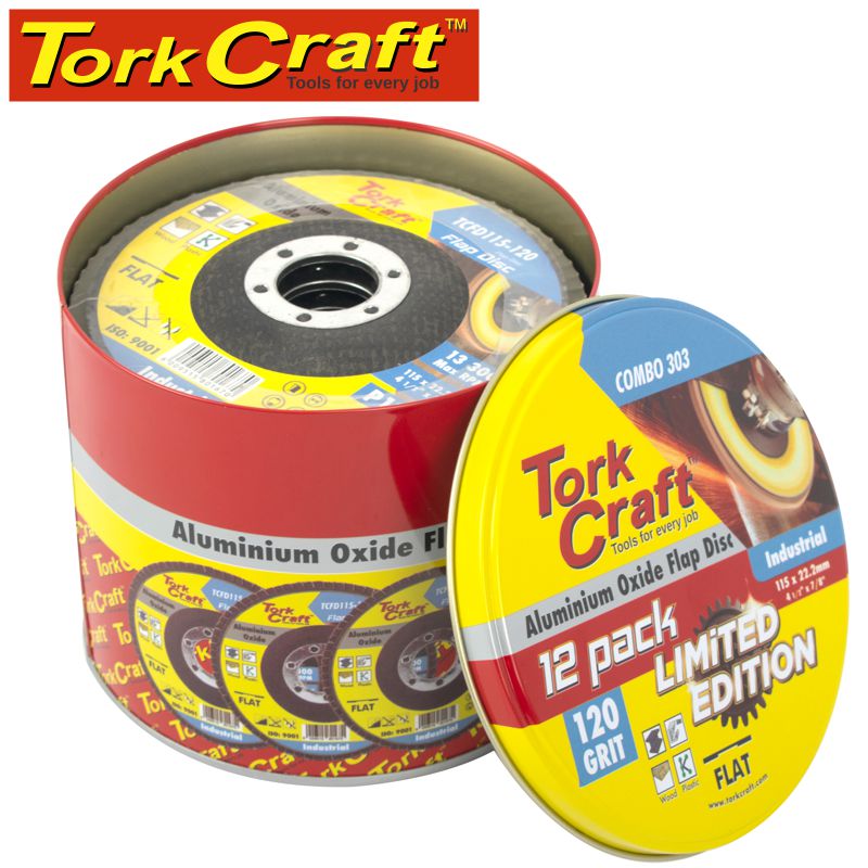 tork-craft-flap-disc-alu.-oxide-115mm-120-grit-flat-12pc-metal-tin-combo-303-4