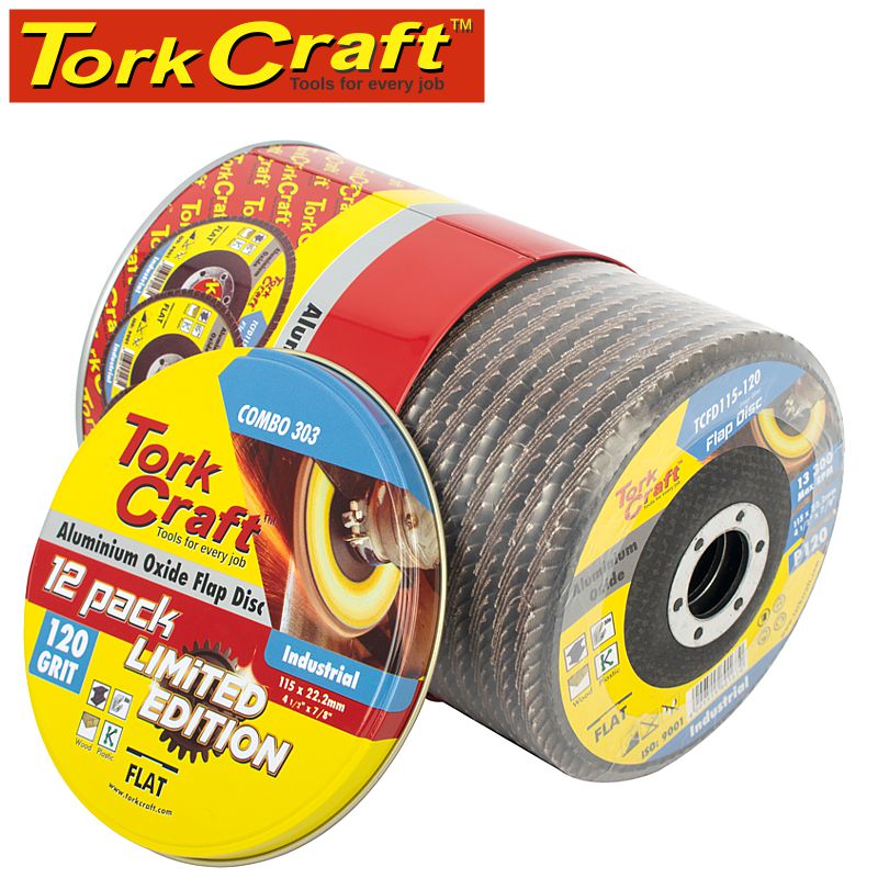 tork-craft-flap-disc-alu.-oxide-115mm-120-grit-flat-12pc-metal-tin-combo-303-1