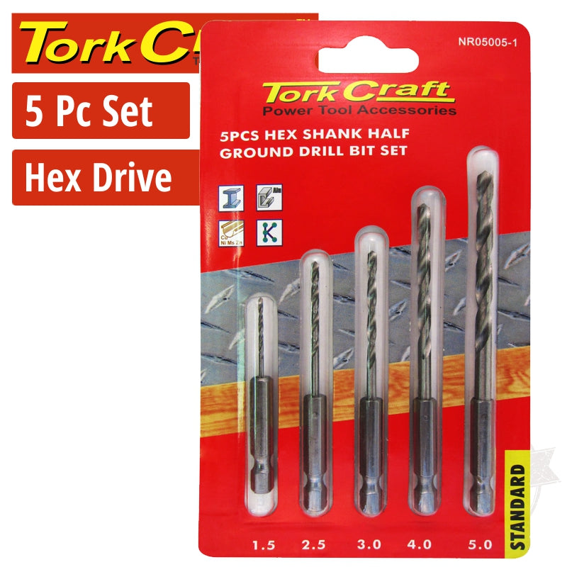 tork-craft-drill-bit-set-5pcs-hss-half-ground-hex-shank-1.5/2.5/3/4/5mm-polished-nr05005-1-1