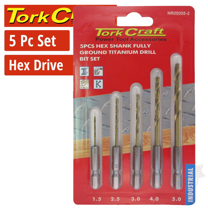 tork-craft-drill-bit-set-5pcs-hss-fully-ground-titanium-hex-shank-1.5/2.5/3/4/5mm-nr05005-2-1