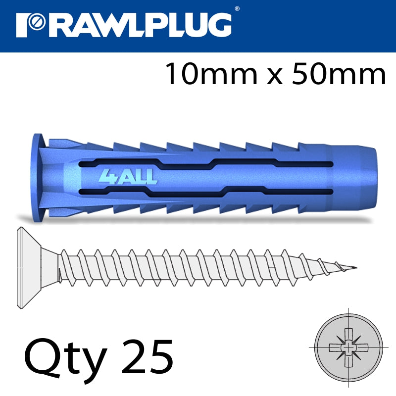 rawlplug-universal-nylon-plug+screws-10mmx50mm-x25-box-raw-4all-10+6060-1