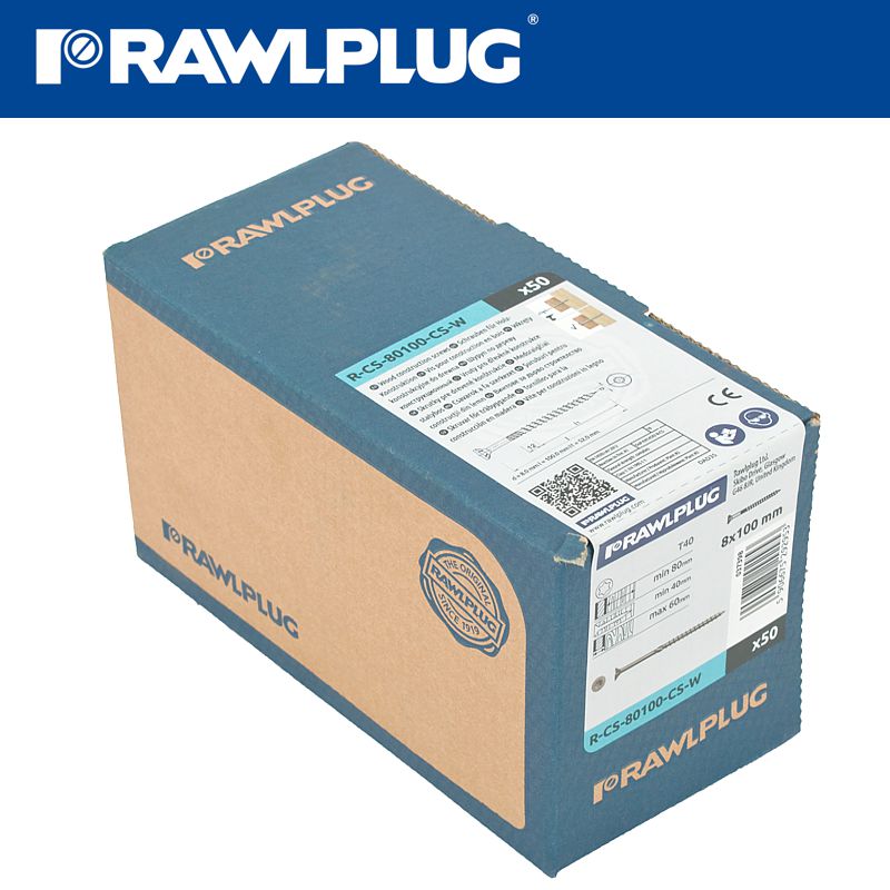 rawlplug-timber-construction-screw-8.0-x-100mm-x50-box-csk-washer-head-tx-t40-raw-r-cs-80100-cs-w-3