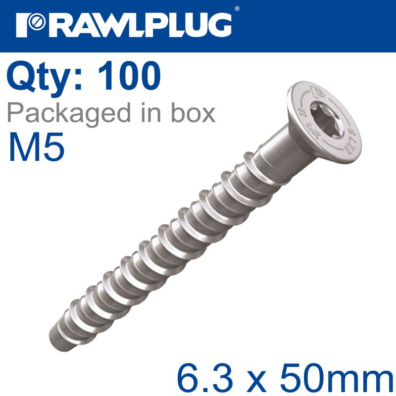 rawlplug-concrete-screwbolt-m5-6.3x50mm-csk-head-zinc-box-of-100-raw-r-lx-05x050-cs-zp-1