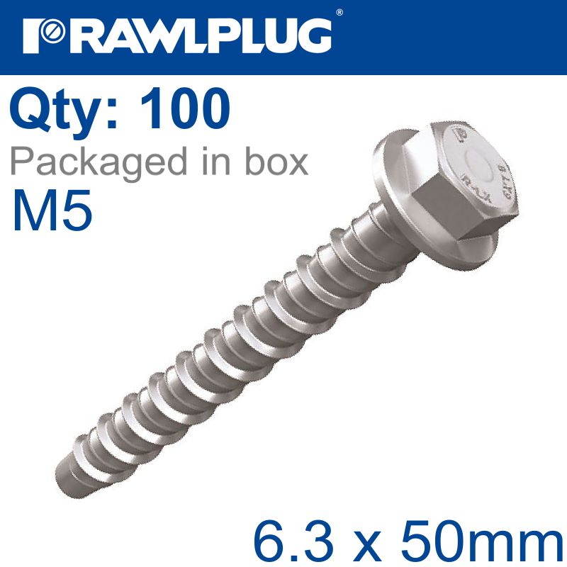 rawlplug-concrete-screwbolt-m5-6.3x50mm-hex-flange-zinc-fl-x100-box-raw-r-lx-05x050-hf-zf-1