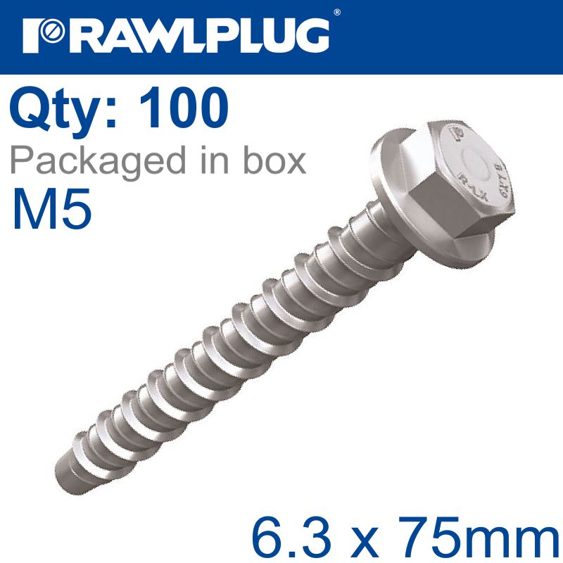 rawlplug-concrete-screwbolt-m5-6.3x75mm-hex-flange-zinc-fl-x100-box-raw-r-lx-05x075-hf-zf-1