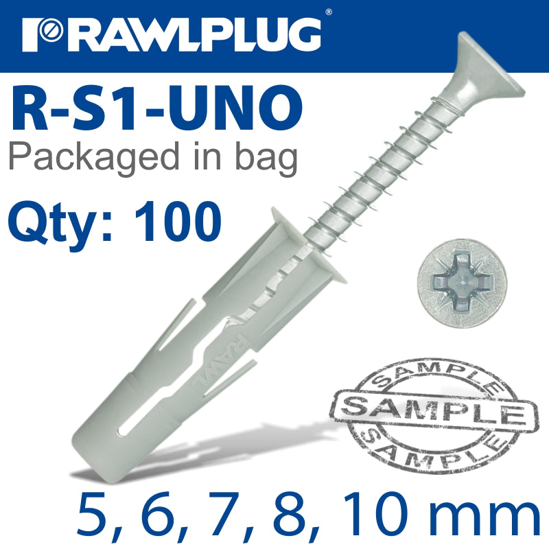 rawlplug-universal-plug-+-screw-assorted-5-6-7-8-10mm-x100-bag-raw-r-s1-uno-yrbbg+-1