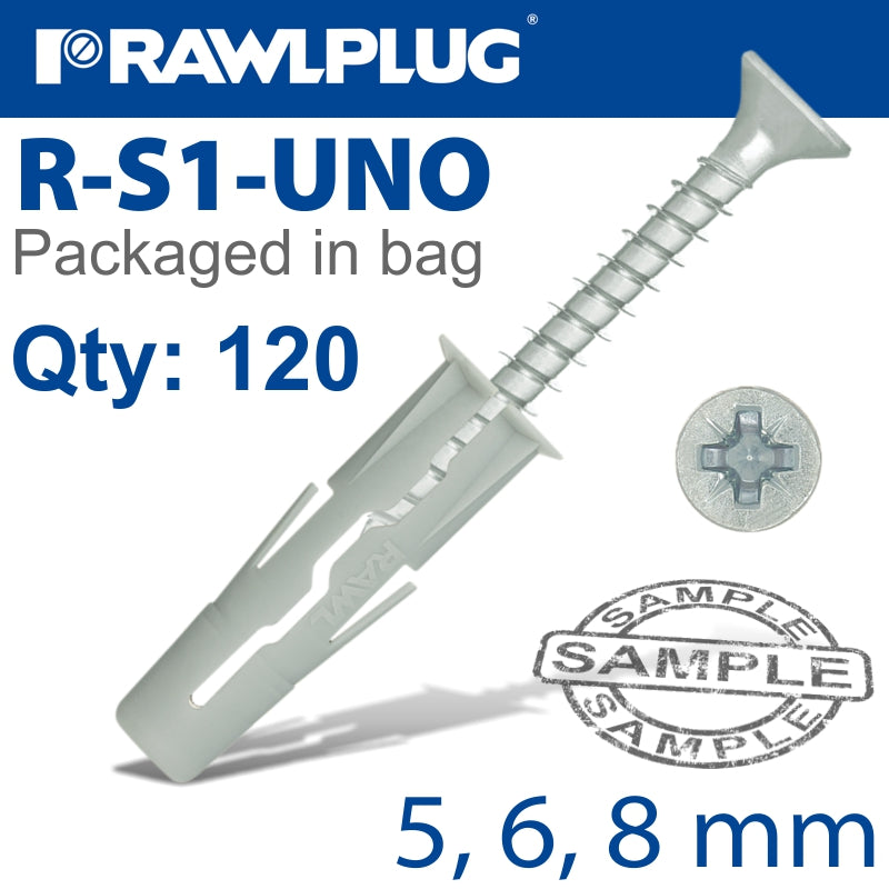 rawlplug-universal-plug-+-screw-assorted-5,6,8mm-x120-bag-raw-r-s1-uno-yrb+-1