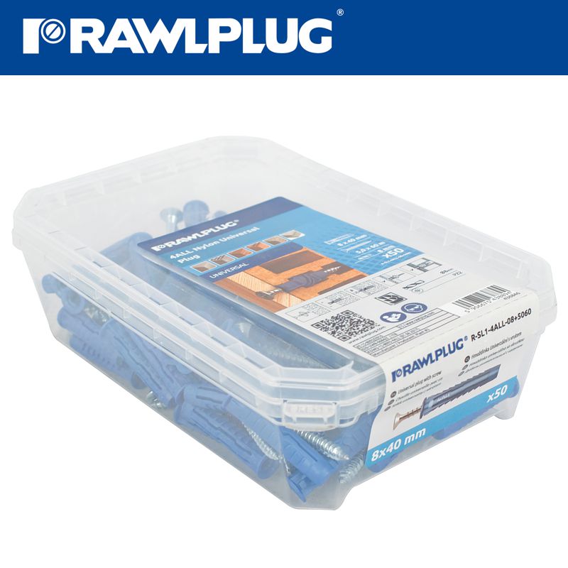 rawlplug-universal-plug-4all-8-x-40mm-with-screw-50-psc-per-tub-raw-r-sl1-4all-08+5060-3