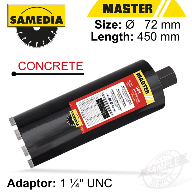 samedia-diamond-core-bit-72mm-x-450mm-x-1-1/4'-concrete-master-dbk-sam340001-1